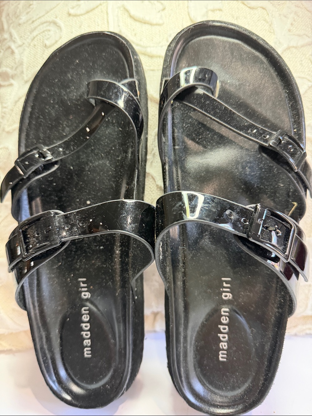 Madden Girl Glossy Black Double-Strap Buckle Slide Sandals